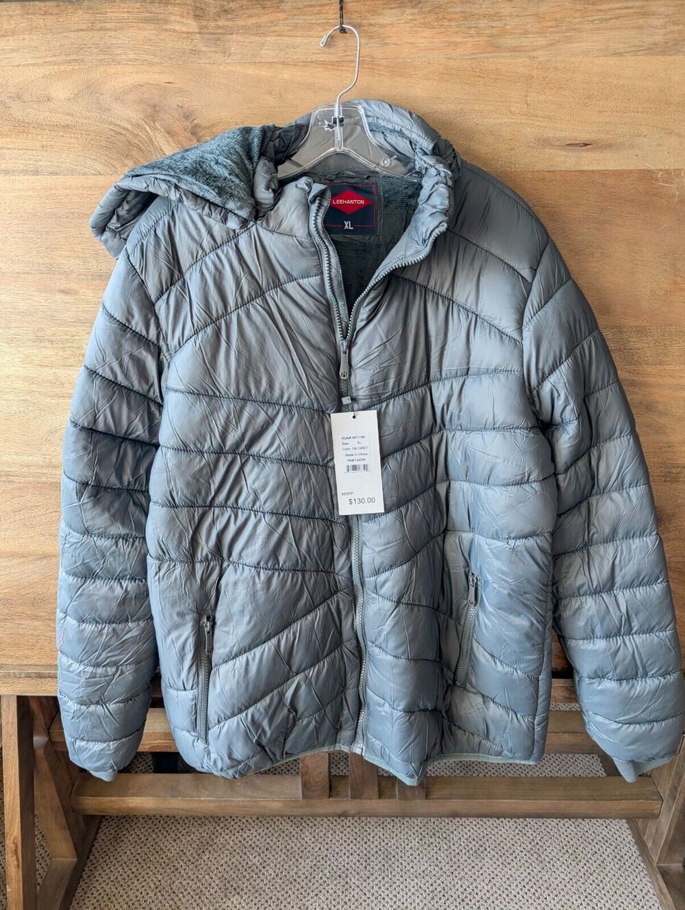 Leehanton Puffer Jacket Men XL Dark Gray Fleece Lined Detachable Hooded Full Zip